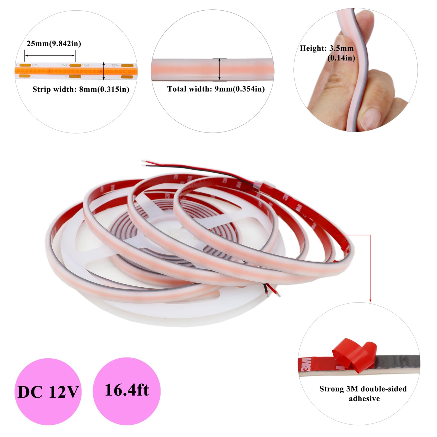 LEDENET COB LED Strip Lights Pink 480LEDs/m DC12V 16.4ft/5m Waterproof IP67 High Density LED Rope Lights for Outdoor Cabinets Desks Party DIY Decor