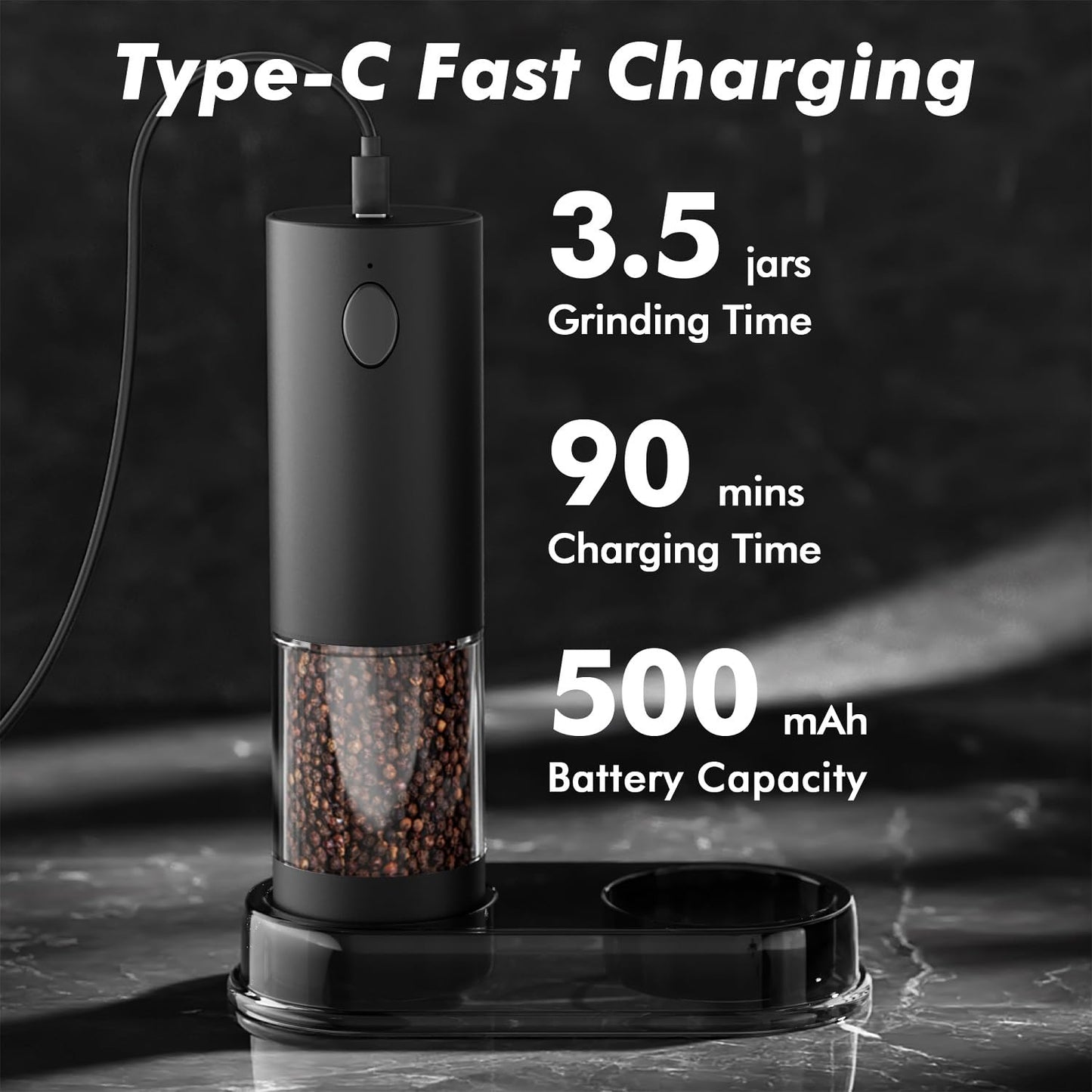 Electric Salt and Pepper Grinder Set, USB Rechargeable Automatic Pepper Mills and Salt Grinders with LED Light, Large 100ml Capacity, Adjustable Coarseness, One-Hand Operation, Stable Base