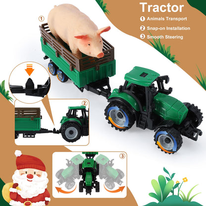 BUYGER Farm Animals Figures Set, Different Size with Tractor Trailer Vehicle Toy, Assemble Fence Farm House Barn Playset Gifts for 3 4 5 Year Olds Kids Toddler