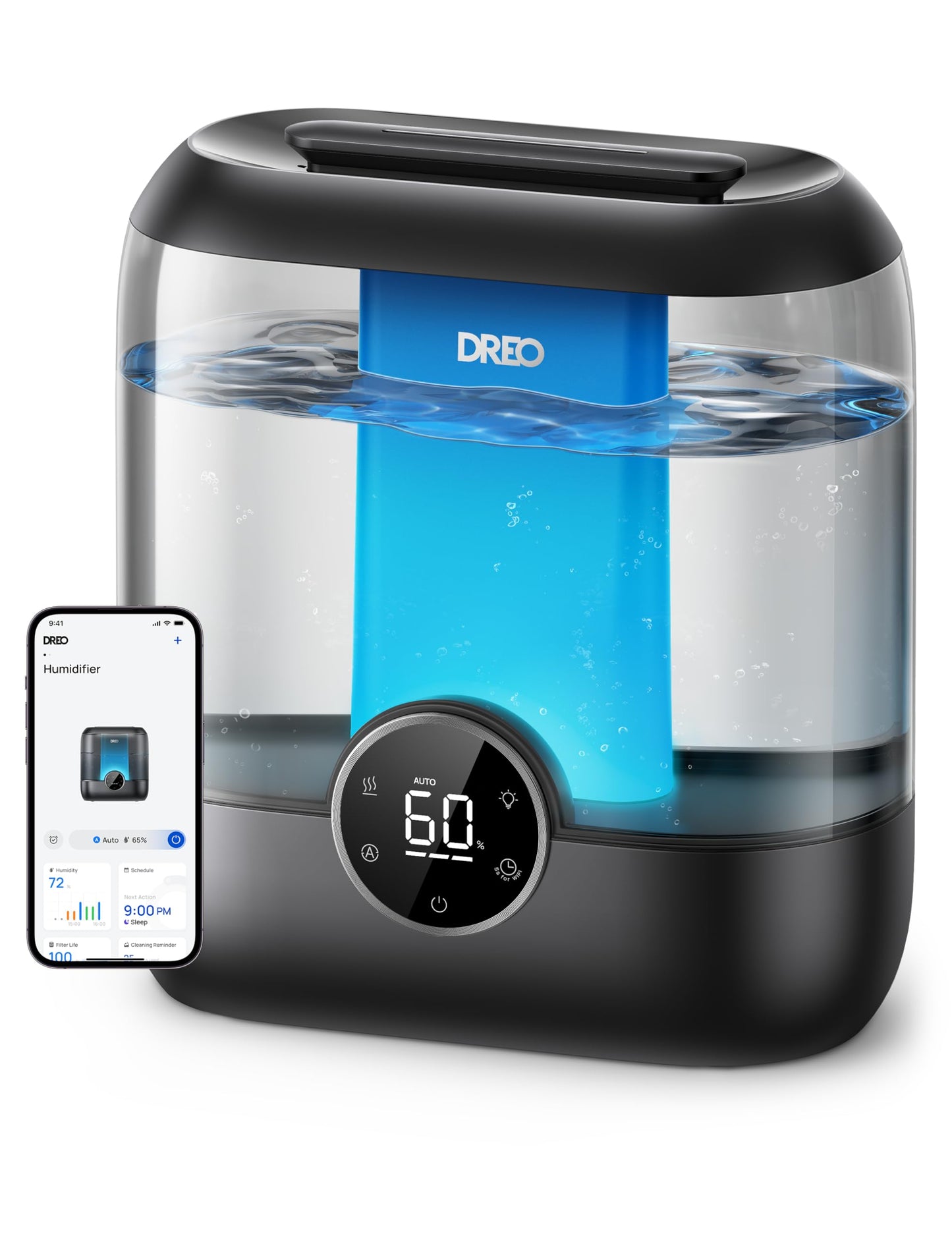 Dreo Smart Humidifiers for Bedroom, 6L Top Fill Supersized Cool Mist Humidifier for Large Room, 60 Hour Runtime, Quiet Ultrasonic Humidifier for Plants, Baby, Indoor, Home, Night Light, Black