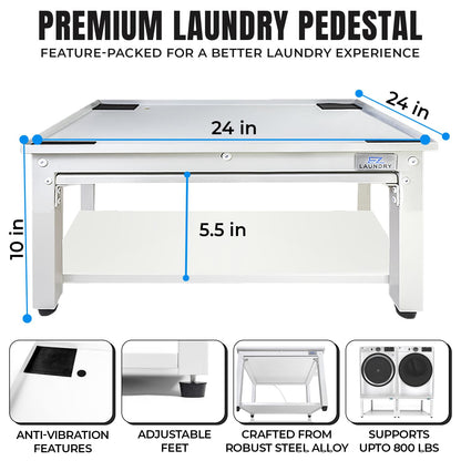 Washer and Dryer Pedestal with Pullout-Shelf - 24" W, 10" H, White Steel Universal Fit with Major Brands | Laundry Pedestal with Drain Pan & Hose | Washer Stand for Back Pain Relief, 800 lbs Capacity