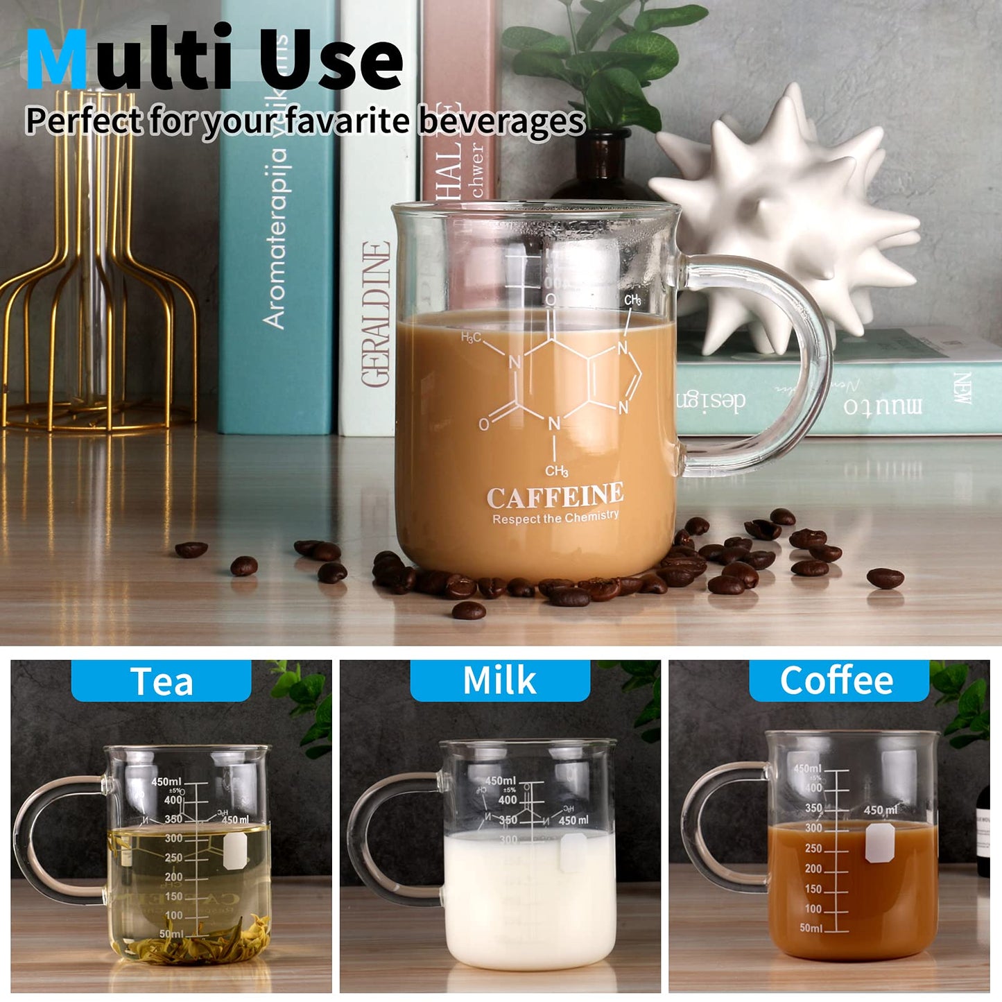 Caffeine Beaker Mug, Chemistry Coffee Mug 16 oz Borosilicate Glass, Measuring Graduated Beaker (450ml)