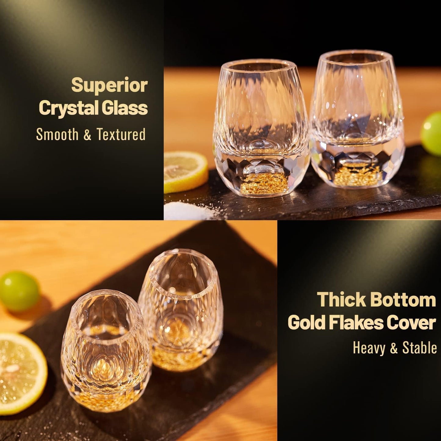 DUJUST Diamond Shot Glasses (1.5oz), Crystal Shot Glass Set Decorated with 24K Gold Leaf Flakes, Luxury & Cute Shot Cups, BPA-Free & Lead-Free, Perfect for Décor & Collection, Gift Choice - 2 pcs