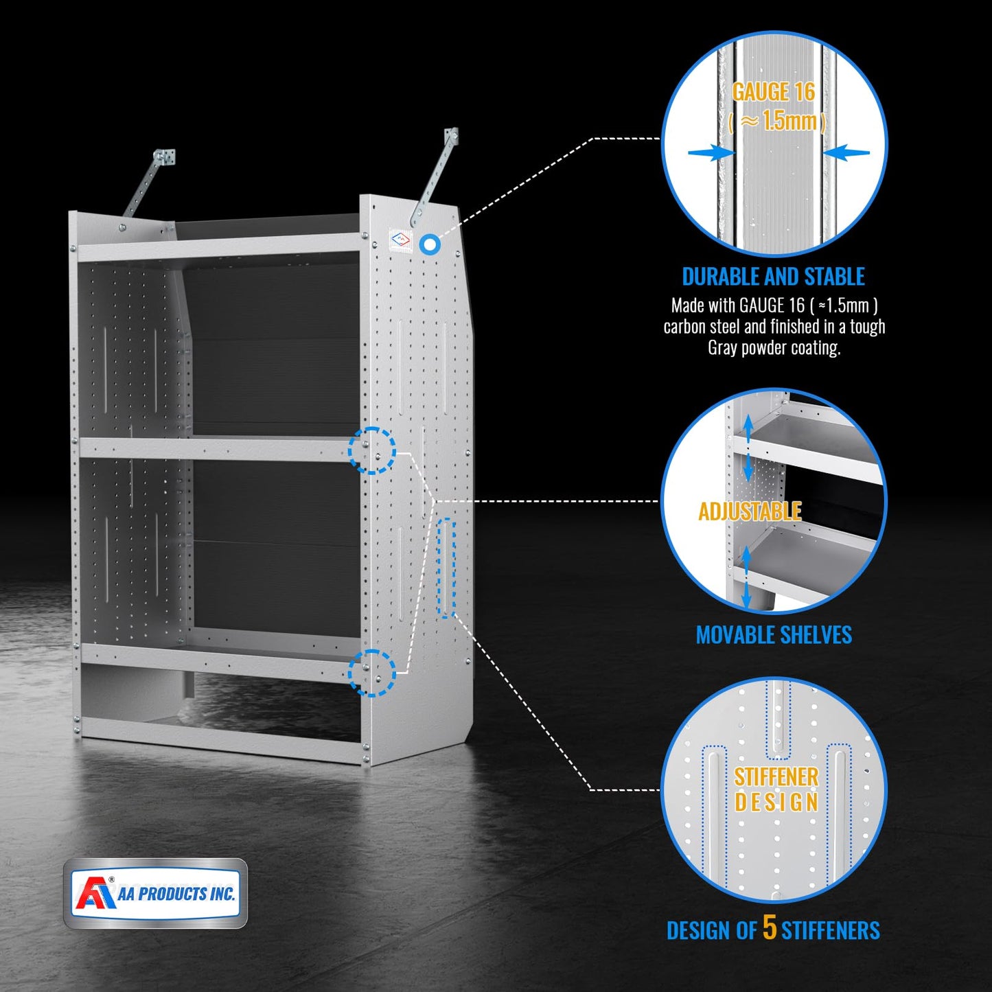 AA Products Model SH-4603-T3 Steel Low/Mid/High Roof Van Shelving Storage System Fits Transit, GM, NV, Promaster and Sprinter, Contoured Shelving Unit, 32" W x 46" H x 16" D