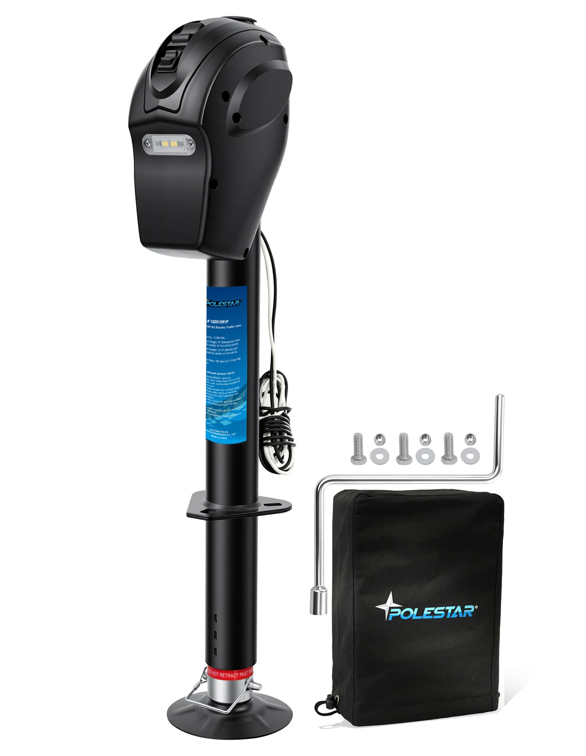 POLESTAR Electric Trailer Jack, 5000lbs Electric Power A-Frame Tongue Jack with Waterproof Protective Cover & LED Light for Travel Trailer Camper, RV, 12V DC with Hard Wiring, 9"-27" Lift