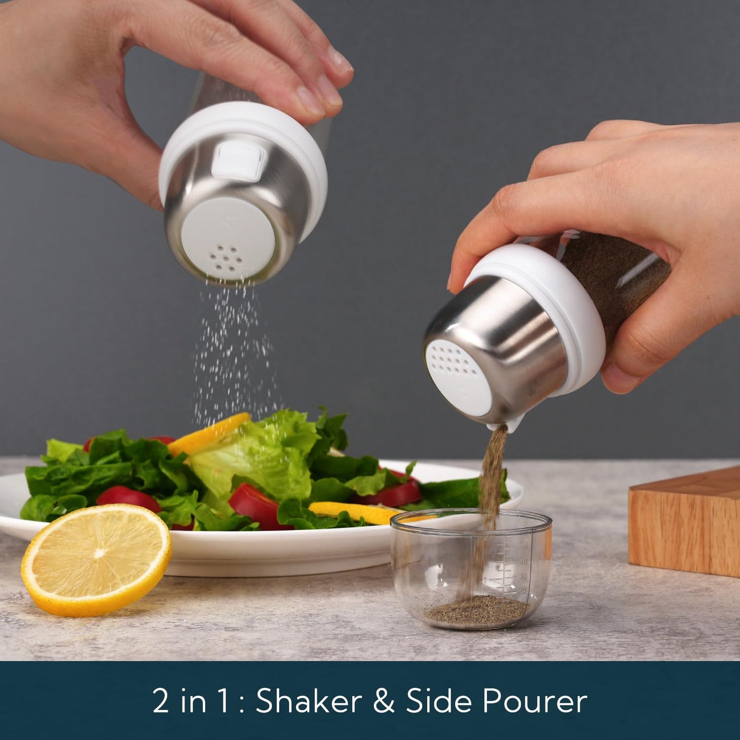 KTCHENDAO 2 in 1 Glass Salt and Pepper Shaker with Side Pour Spout, Built-in Lid for Moisture-proof, Elegant Borosilicate Glass Salt Pepper Dispenser set for Kitchen, BPA Free, 4oz (White)