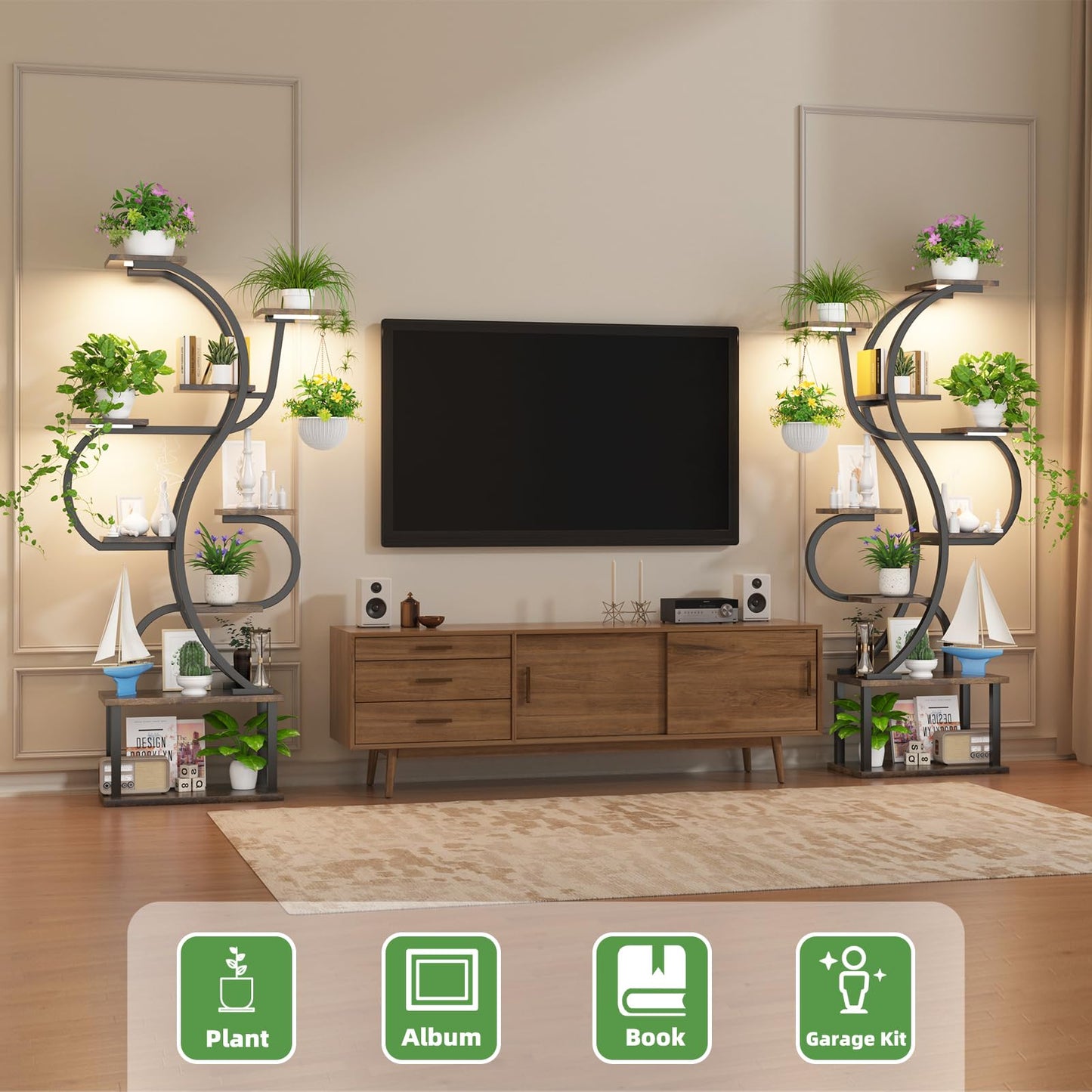 runjuly Plant Stand Indoor with Grow Light, 9 Tiered Indoor Plant Stand, 68" Tall Flower Stand Plant Shelf Indoor, Double S Shape Plant Holder, Versatile Plant Hanger for Living Room, Bedroom, Patio