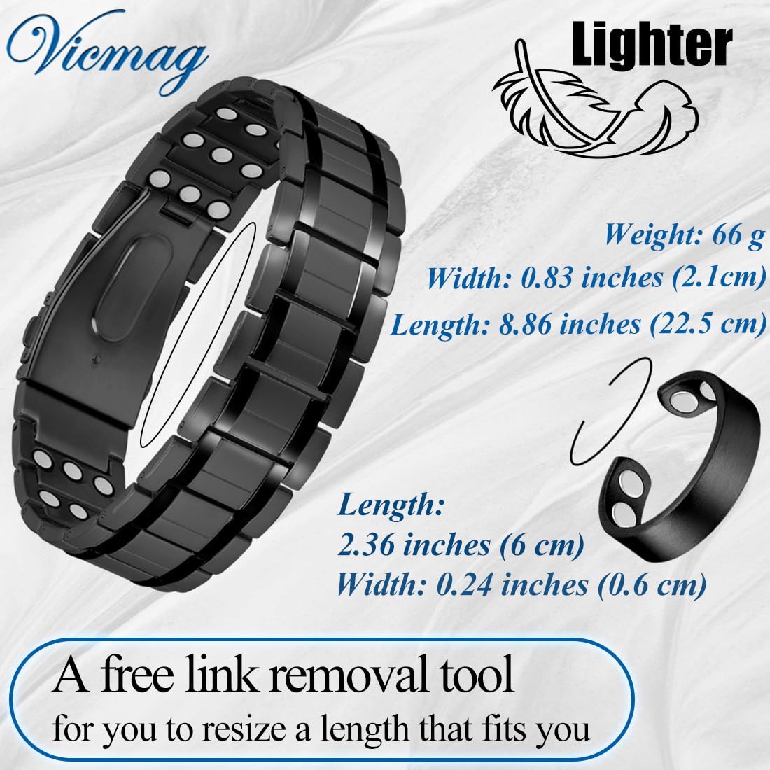 Vicmag 3X Magnetic Bracelet for Men Pure Titanium Bracelet 3500 Gauss Ultra Strength Magnets Adjustable Wristband with Adjustment Tool & Gift Box (Pure Titanium Black)