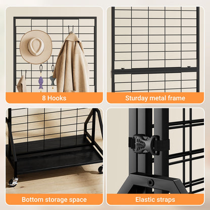 ELYKEN 2 Pack Foldable Grid Wall Panels 5.7' x 2' FT, Movable Wire Gridwall Display Rack with Wheels and Adjustable Foots, Retail Display Stand for Vendor with Storage (Black)