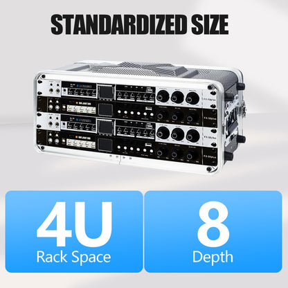 4U ABS Rack Case Shallow 8" Depth, 19" Rackmount Flight Road Travel Case, Waterproof Protective Hard Case with Customized Foam, Wireless Mic System Storage/Amp/Effect/DJ Mixer