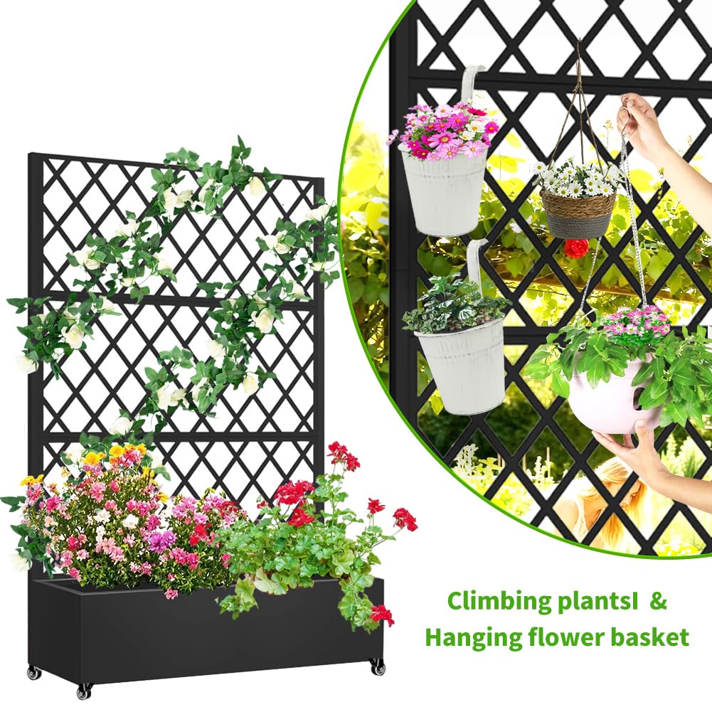 Metal Planter Box with Privacy Screen Trellis,Galvanized Raised Garden Bed On Wheels for Climbing Plants Vines, Standing Garden Flower Bed with Drainage Holes (Black, 47" L x16 W x 73" H)