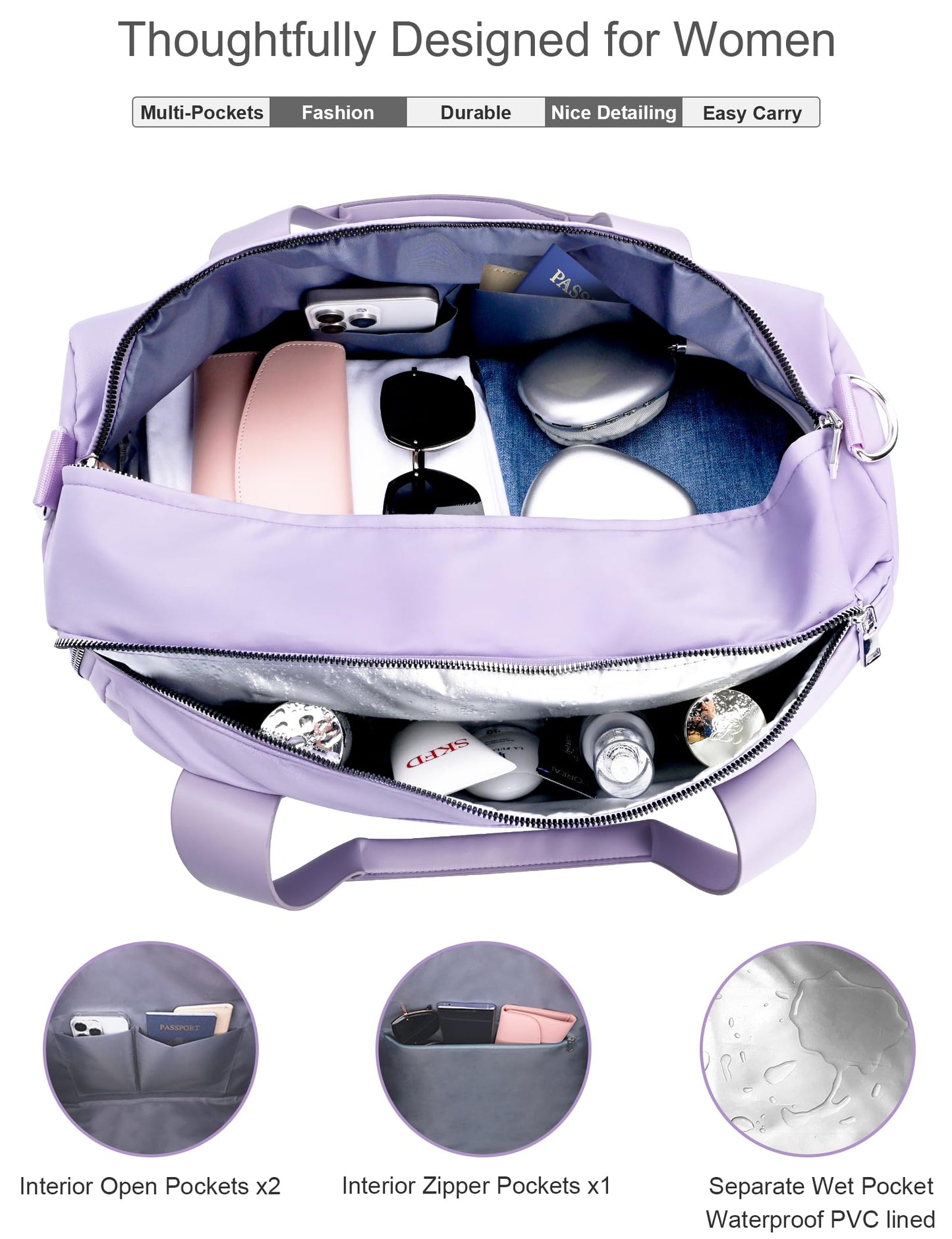 PHSYNI Gym Bag for Women Girls with Shoe Compartment & Wet Pocket - Duffle Bag for Travel Sports Fitness Workout Athletic, 19"-Medium, Purple