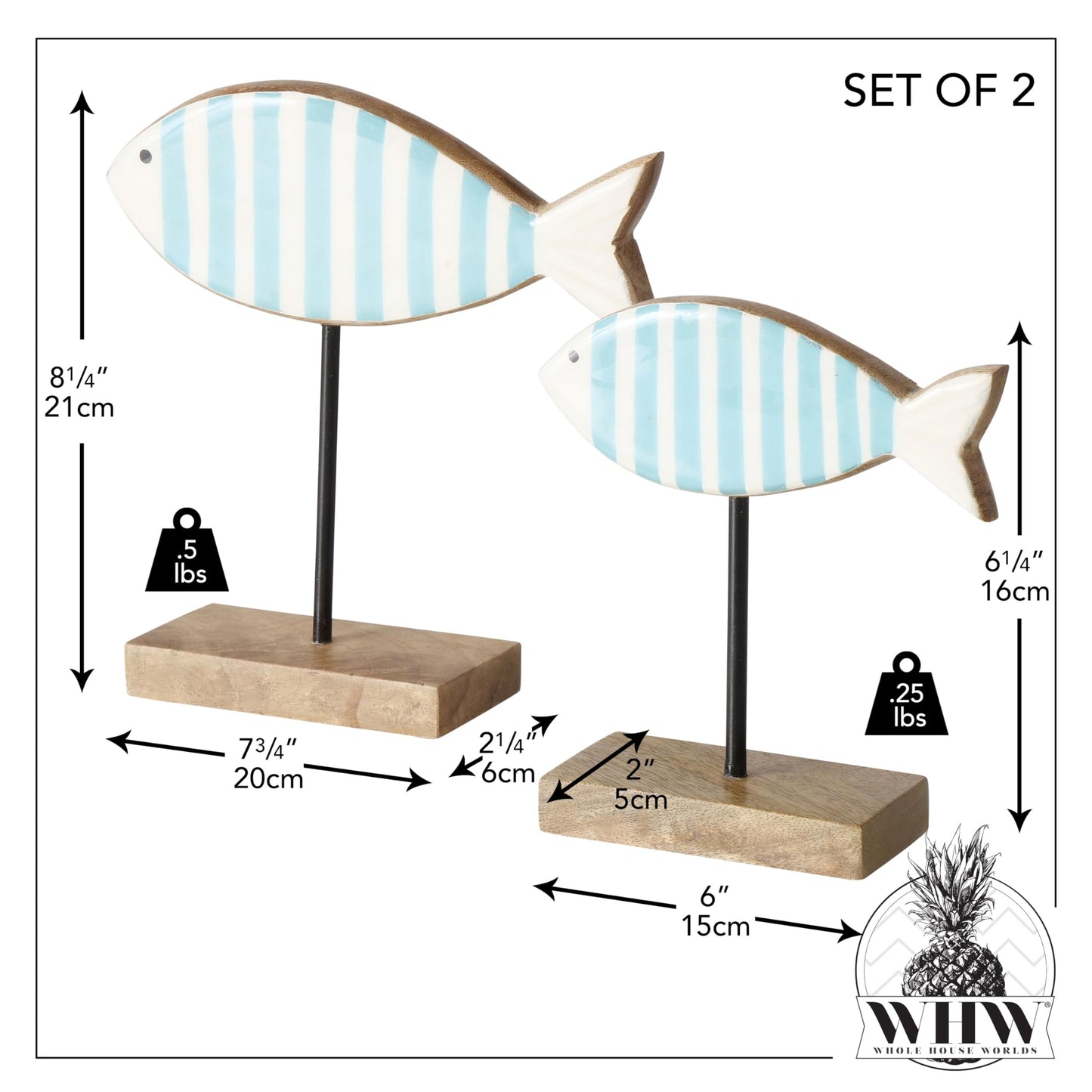 WHW Whole House Worlds Beach Chic Striped Fish Figurines, Set of 2, Glossy Blue and White, Wood, Post Mounted, Rectangle Gallery Base, 8.25 Inches