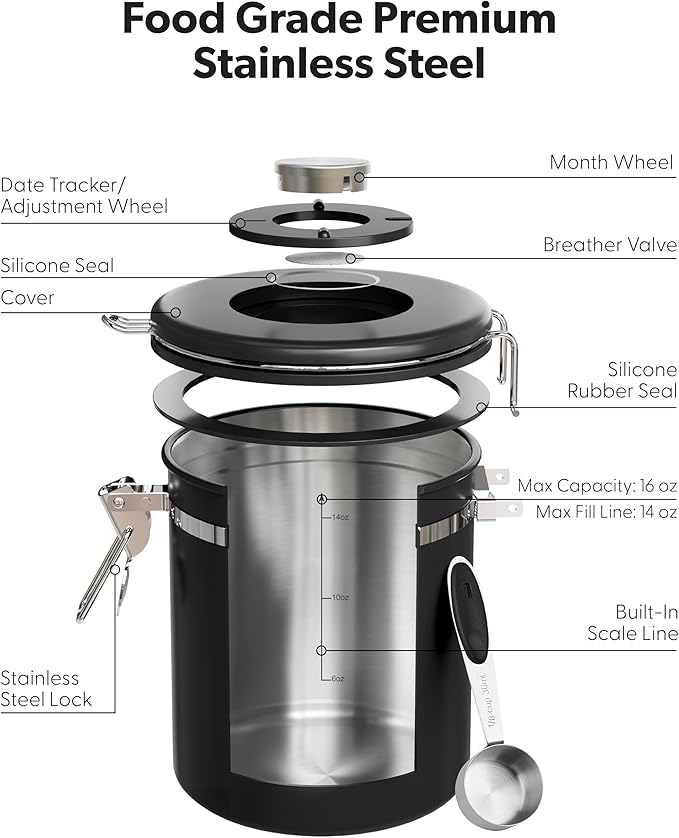 Veken Coffee Canister with Window, Airtight Stainless Steel Kitchen Food