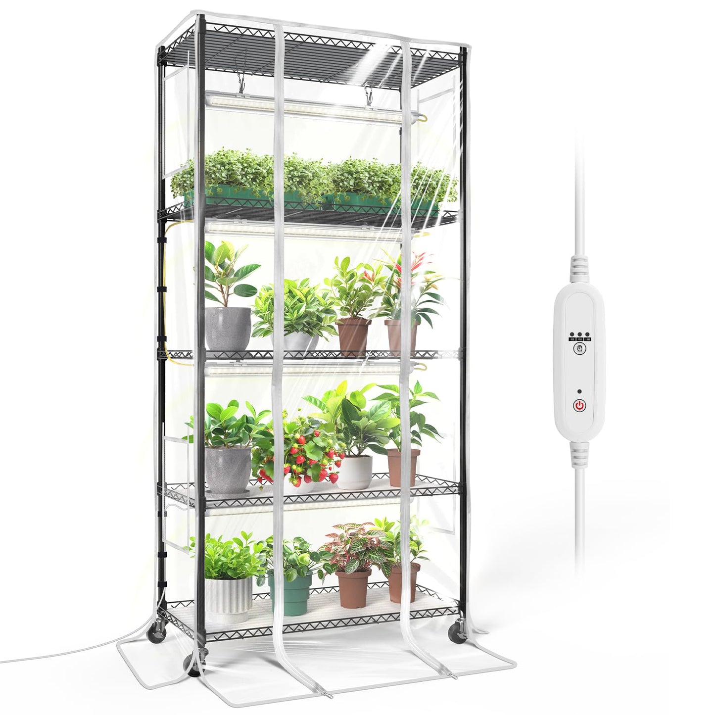 Bstrip Indoor Greenhouse with Grow Light, Mini Green House with 4 Pack T8 Full Spectrum Plant Lights with Timer, Indoor Greenhouse Cabinet for Indoor Plant, Seed Starting, Seed Tray, 29.5"x13.8"x59"