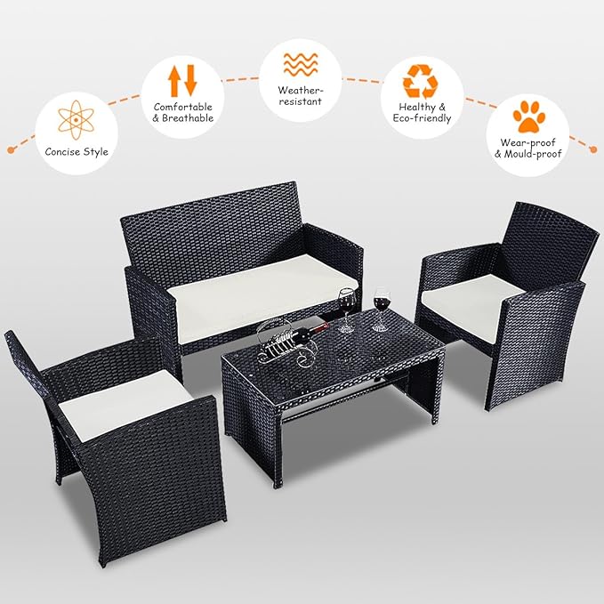 Goplus 4-Piece Rattan Patio Furniture Set, Outdoor Wicker Conversation Sofa