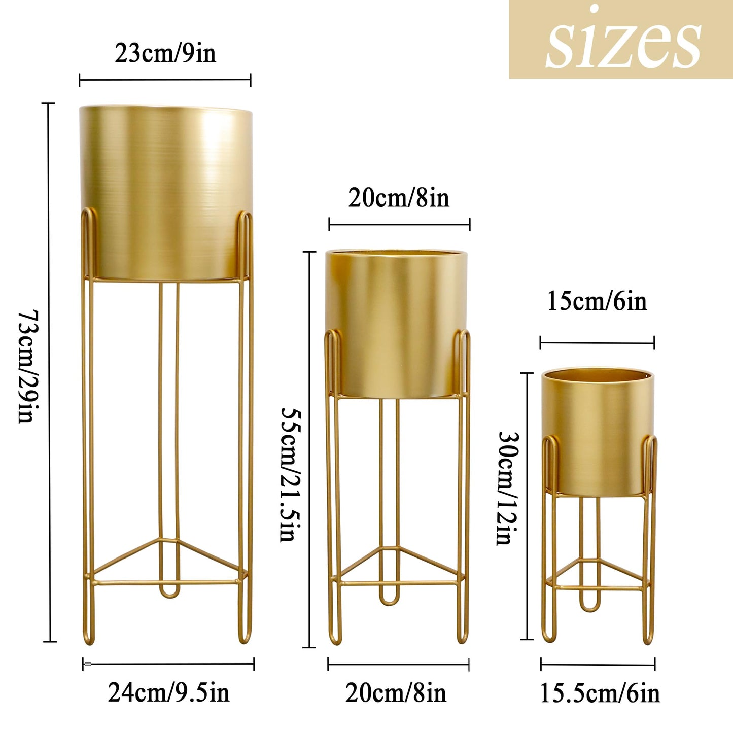 TRIROCKS Set of 3 Large Planters with Stand Gold Planter for Indoor Plants 29 &22 &12" Tall Morden Metal Plant Pots for Living Room Corner Kitchen Office Garden Balcony Patio Decor