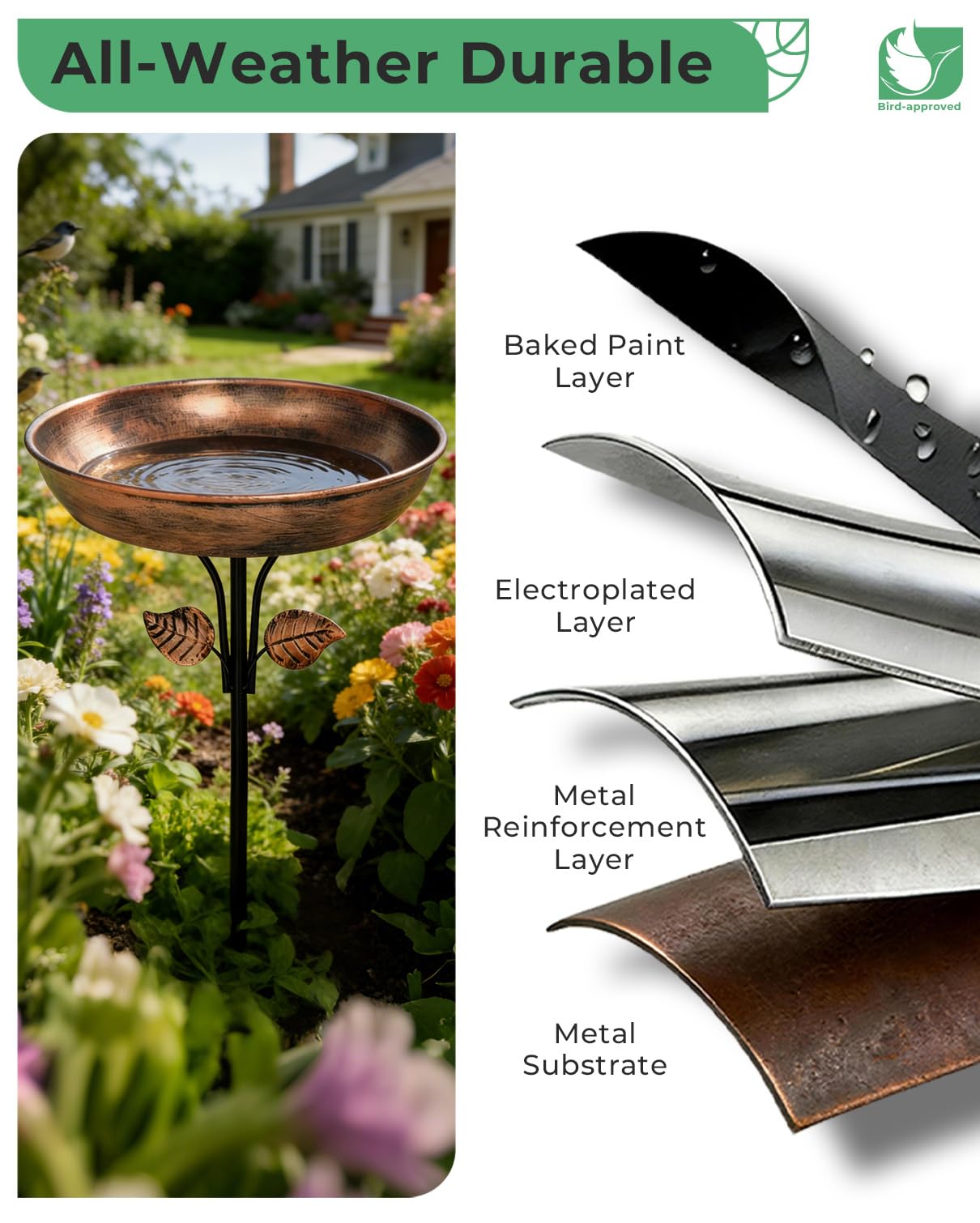 OUISJYER Metal Bird Bath for Outdoors, 12" Dia Bowl with Stable Upgrades Stake Birdbaths Garden Yard Lawn Decor 0.7 Gallon