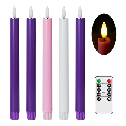 Stmarry Flameless Advent Candles, Set of 5 - Flickering LED Flame, 10 Inch Taper Candlesticks, Remote Controlled - 3 Purple, 1 Pink, 1 White for Christmas Wreath