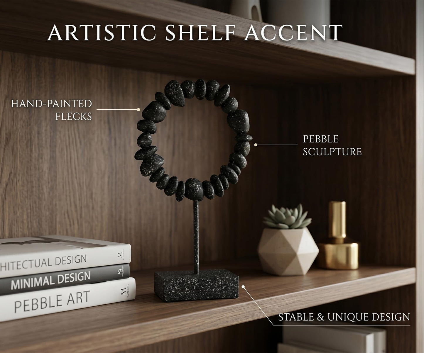 Modern Stone-Look Stone Sculpture Decor, Abstract Stone Resin Statue, Handmade Minimalist Stone Statue Home Decor Accent for Living Room, Shelf, Office, Coffee Table (Black - Small)