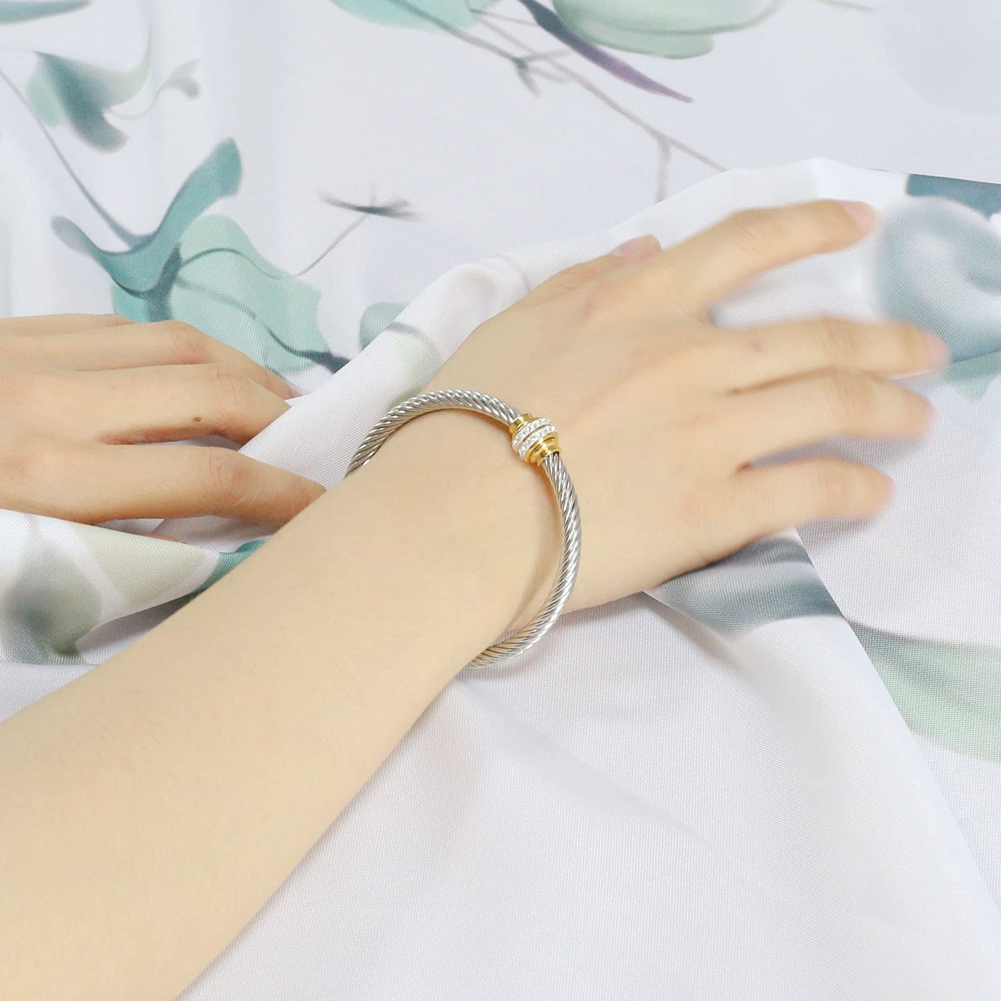 Tiyad Cable Bracelet Stainless Steel Vintage Twisted Wire Composite Open Bangle Bracelet, Adjustable Cuff Bangle Bracelet for Women & Men (Two-tone)