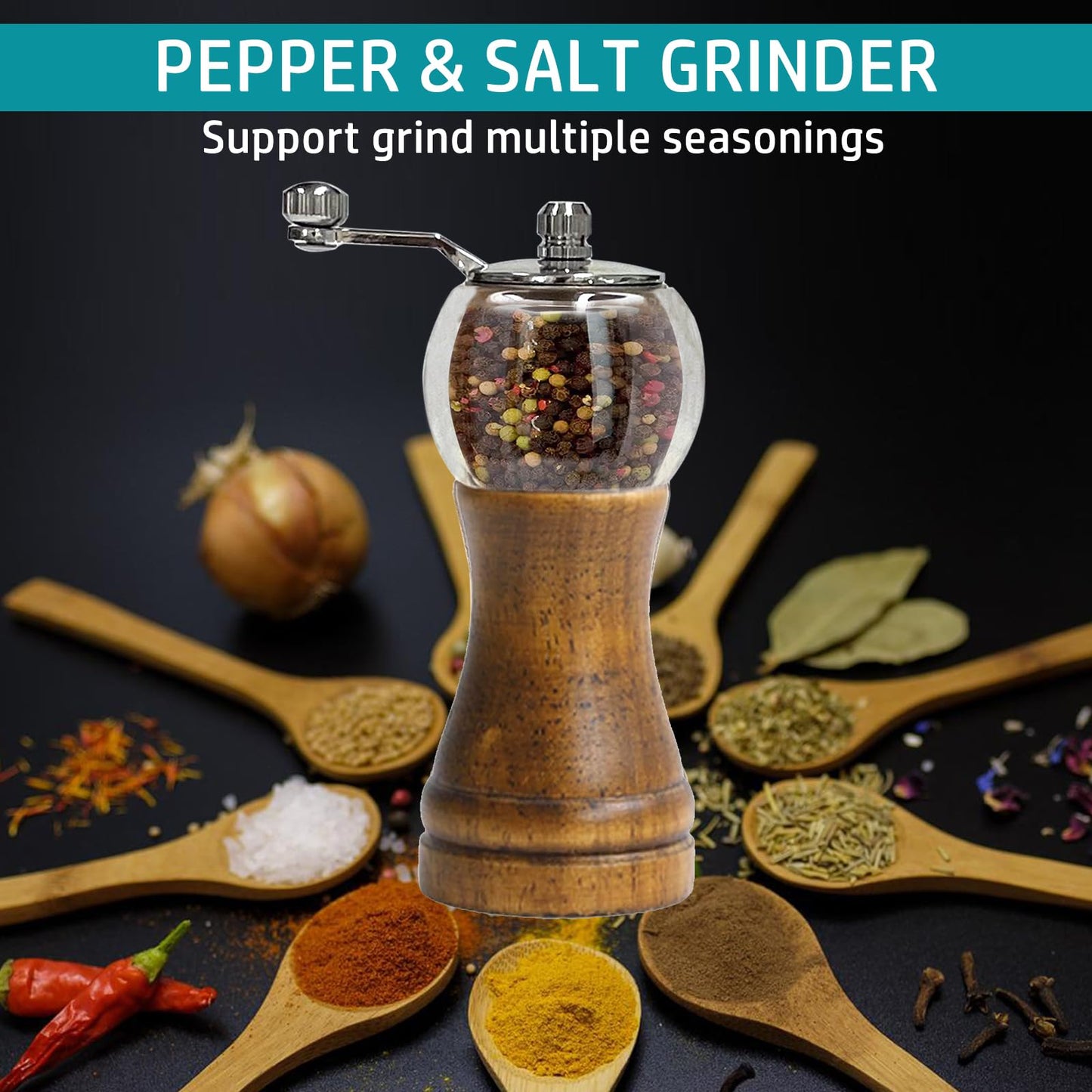 VEIZIBEE Salt and Pepper Grinder Set Manual Pepper Mill Set Classical Hand Shake Wooden Pepper Grinder Salt Mills Ceramic Blades Metal Handle, Enjoy Fresh Ground spices (Walnut color 2pcs-6in)