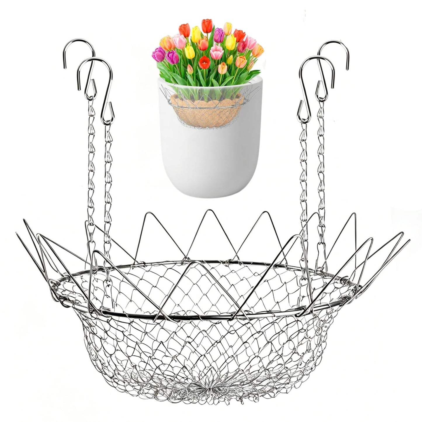 Adjustable Planter Insert, Heavy-Duty Rustproof Stainless Steel Plant Riser for Large Pots, Outdoor and Indoor Flower Pot Filler with Chains, Decorative Plant Elevator for Home Patio Balcony Garden