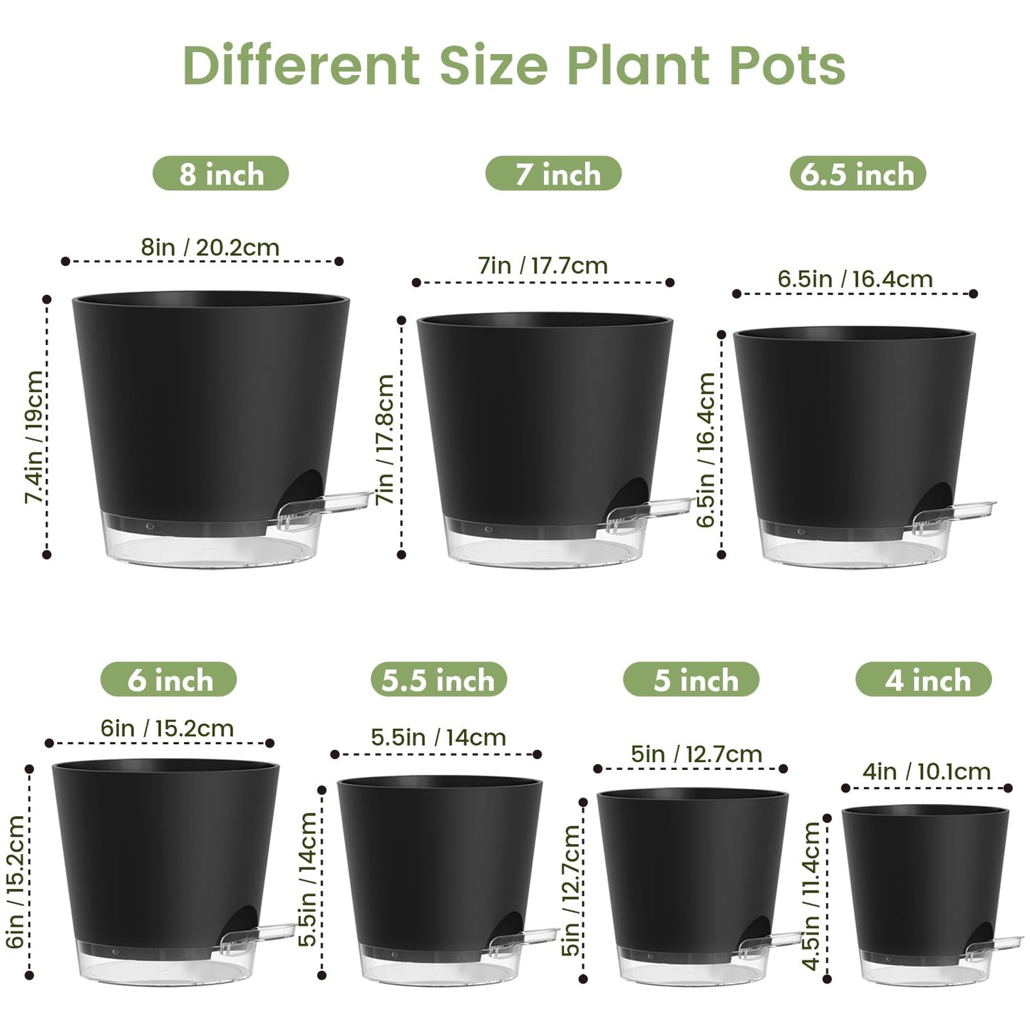Meowell Self Watering Pots Set of 7 – Assorted Size 4" to 8" Indoor Plant Pots with Drainage Holes and Clear Reservoir for Visible Water Level, Plastic Wicking Planter for House Plants & Flower, Black