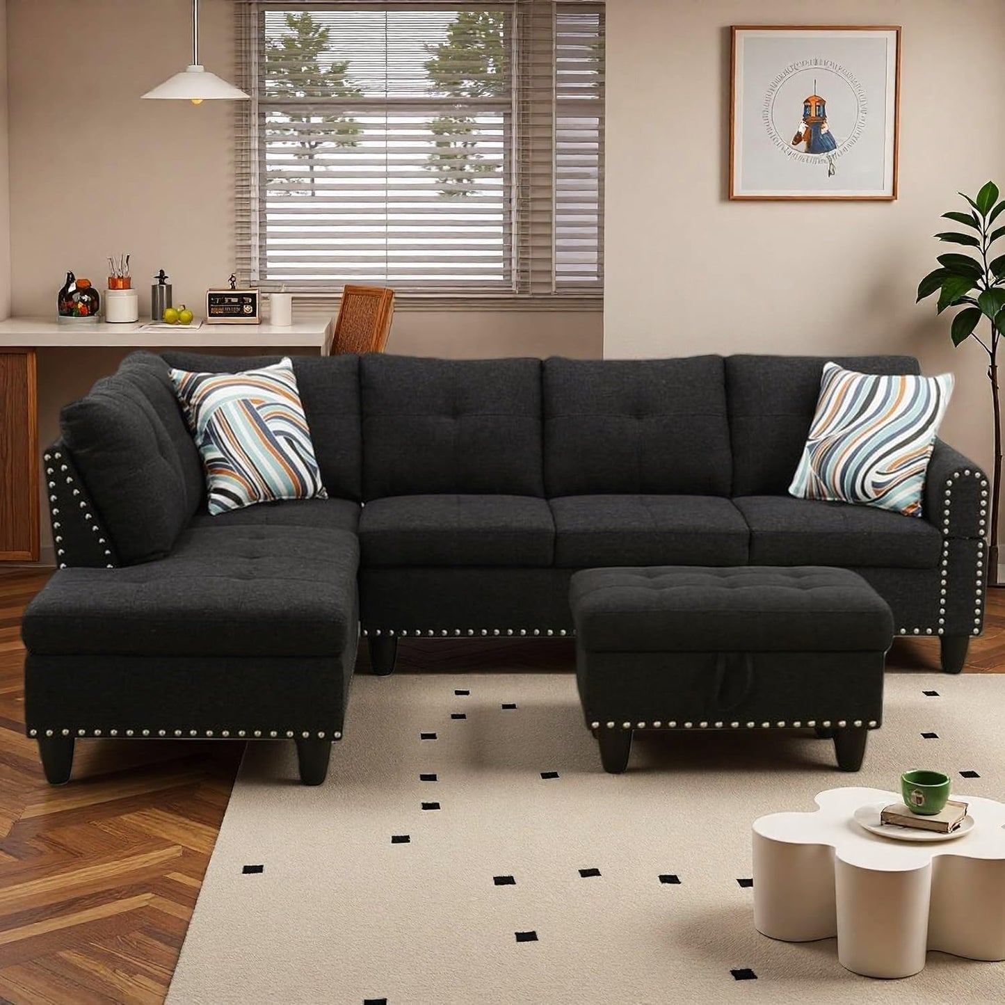 Trygoal 97" Linen 4-Seat L-Shaped Sectional Sofa with Movable Chaise & Storage Ottoman - 3-Piece Modular Convertible Couch for Living Room, Bedroom, Apartment & Office, Black Grey