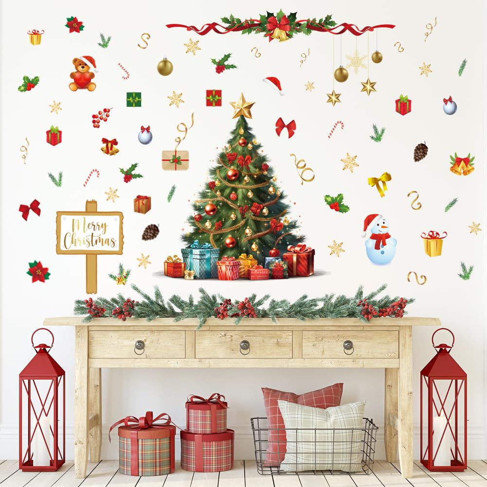 Large Christmas Tree Wall Decals DIY Christmas Wall Stickers Xmas Tree Window Clings Christmas Wallpaper Peel and Stick Removable Vinyl Wall Art for Bedroom Nursery