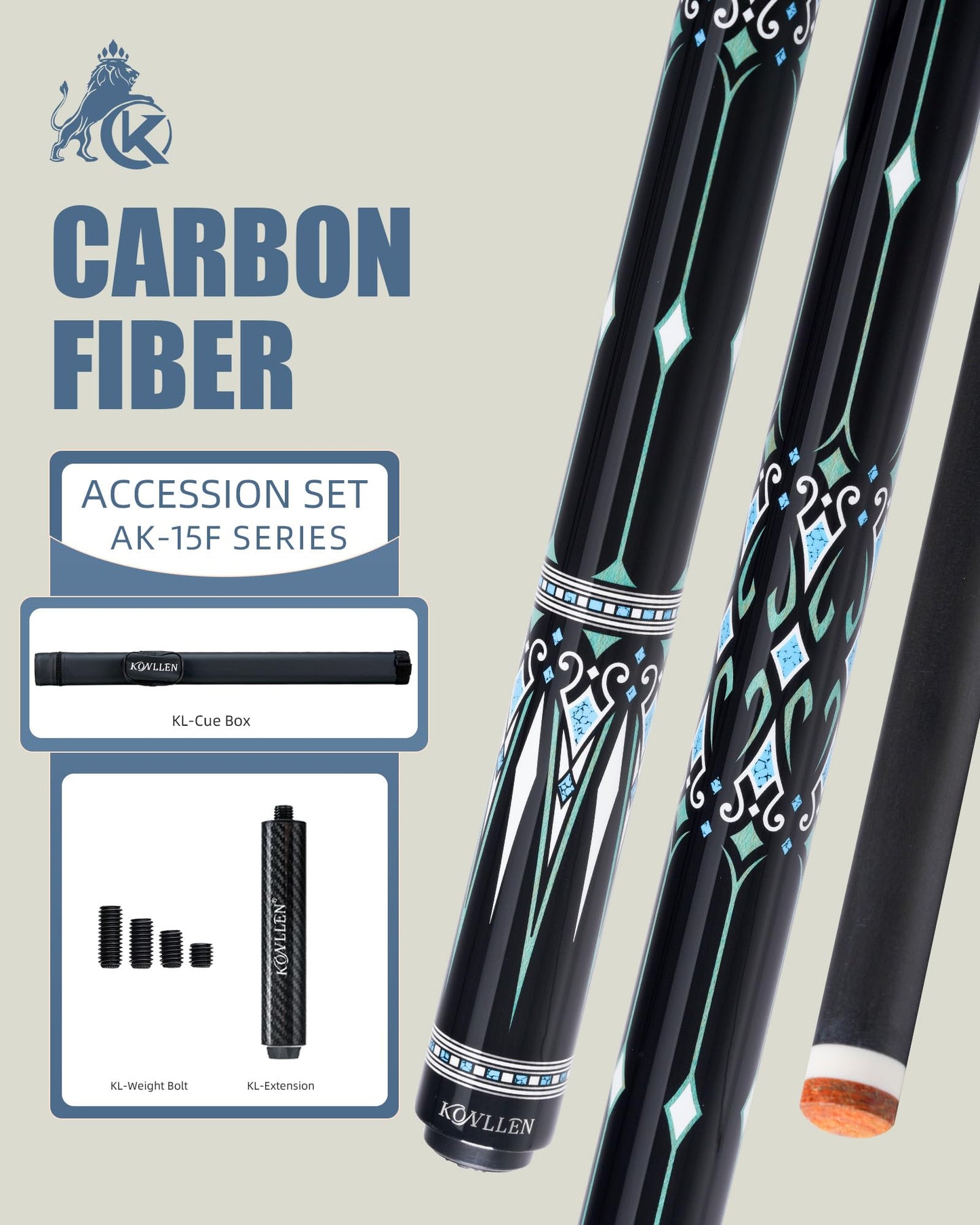 KONLLEN Carbon Fiber Pool Cue Stick 58-inch Professional Pool Sticks Set Low Deflection Pool Cue for Adults