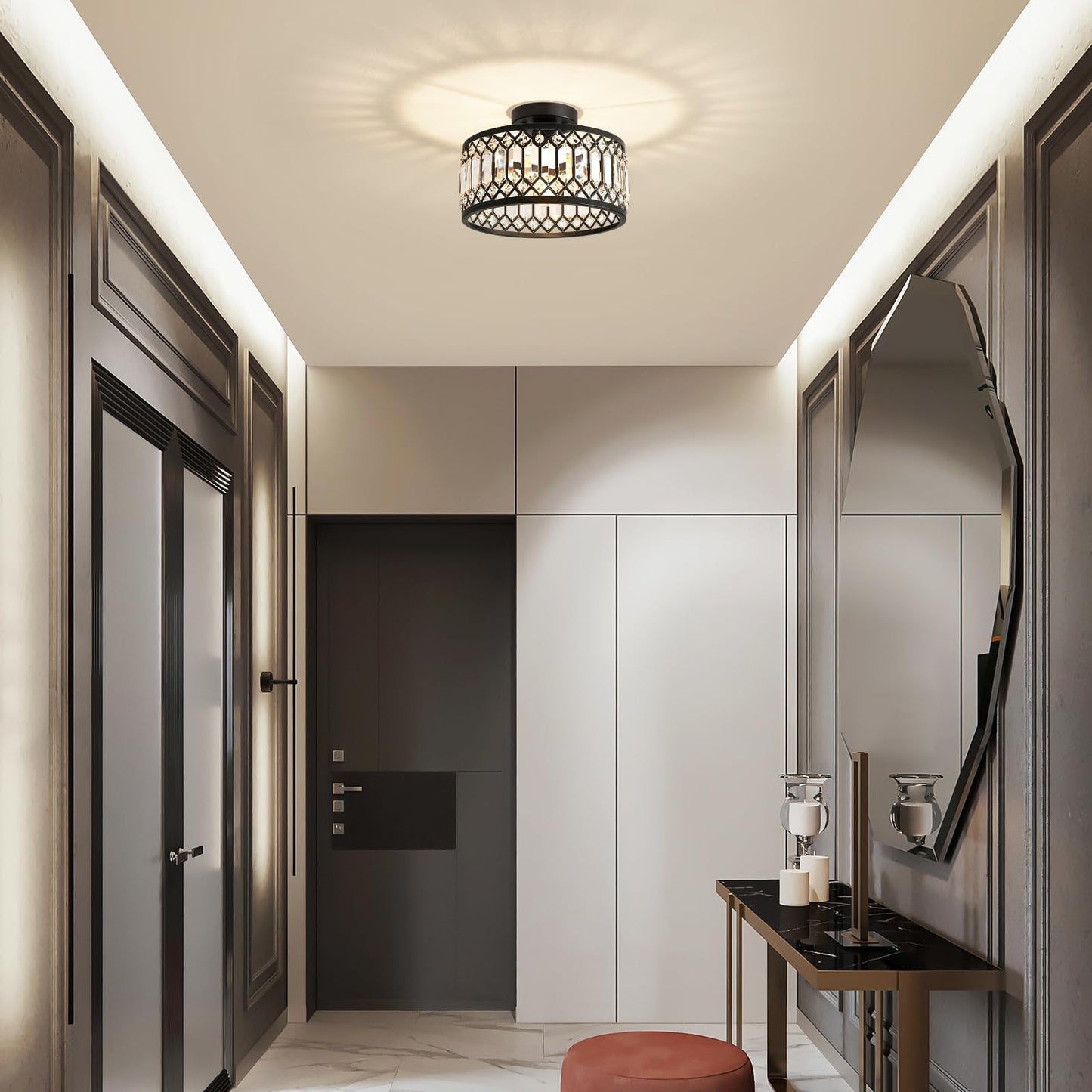 Pevfah Crystal Black Ceiling Light, Modern Semi Flush Mount Ceiling Lighting Fixture, Round Hallway Lighting Fixtures for Kitchen Entryway Bedroom Laundry Room, 1-Light, 11.4 Inch