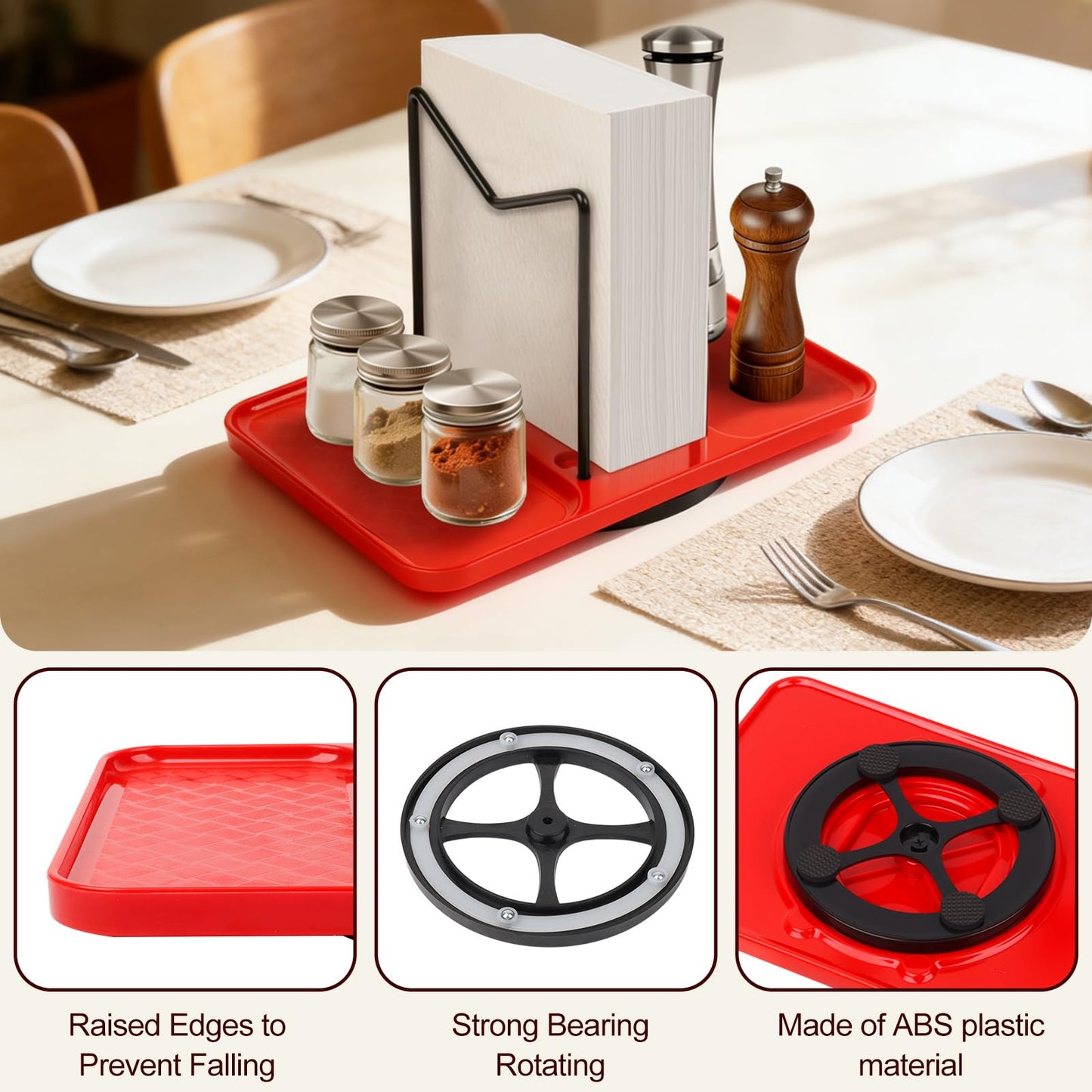 Rotating Napkin Holder for Table, Bamboo Standing Napkin Dispenser with Salt Pepper Shakers Caddy, Black Metal Paper Napkin Holders for Kitchen Dining Table Farmhouse Decor, Shakers Not Included