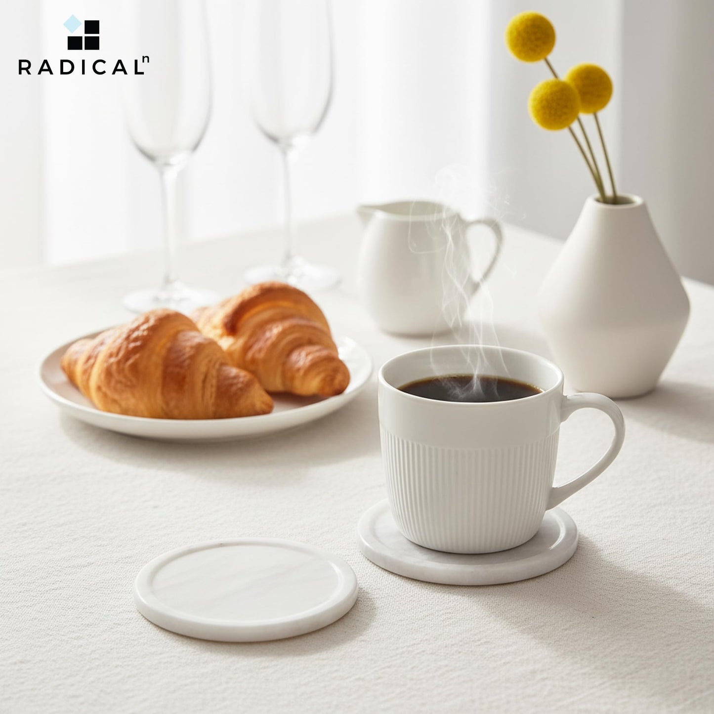 Radicaln White Marble Coasters Set of 4 Handmade 3.5" Inch Round Coasters for Drinks, Elegant Coaster Set with Holder for Dining and Coffee Tables