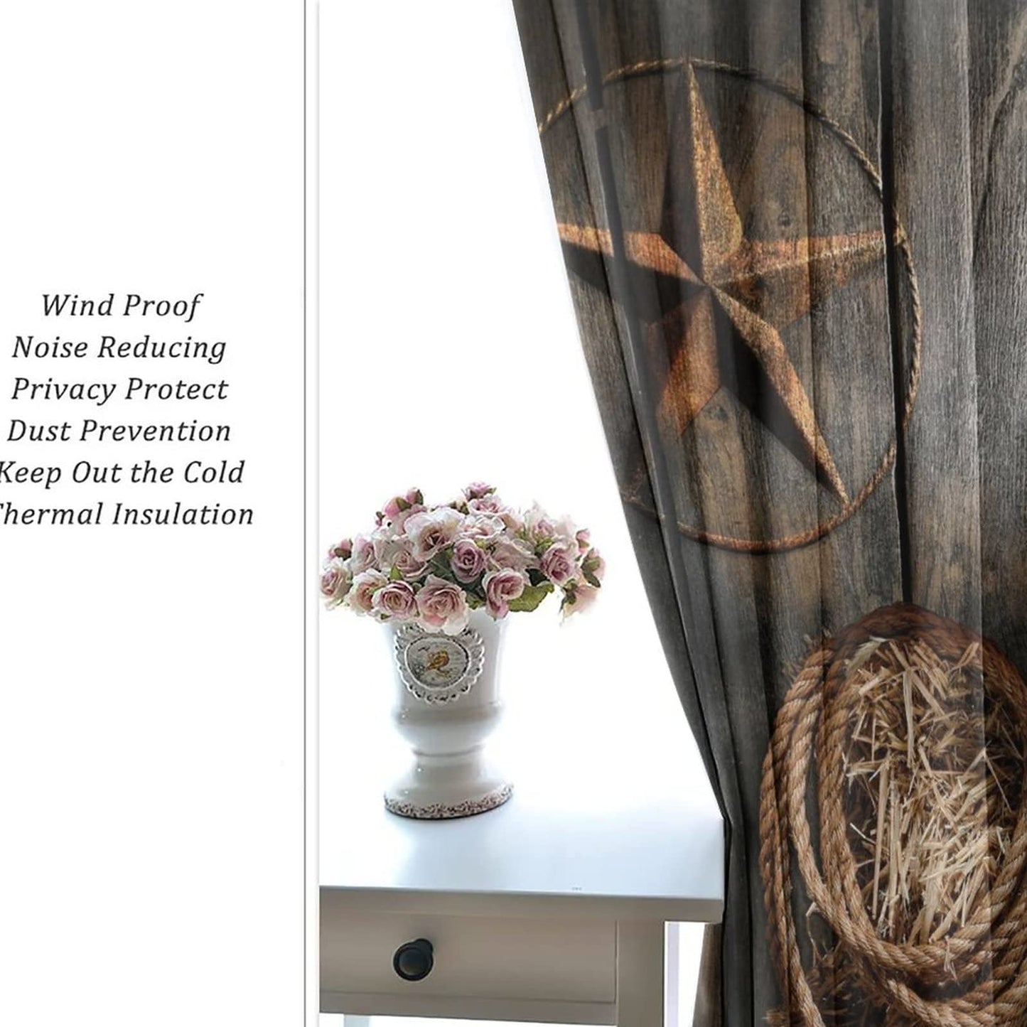 Western Farmhouse Room Darkening Blackout Window Curtains with Grommets,Rustic Cowboy Leather Boots Texas Star Hat on Wooden Energy Efficient Window Treatment for Living Room 2 Panels 63L x 27.5W