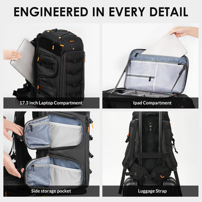TARION FPV Drone Backpack 30L - Extra Large Camera Bag with 17in Laptop Compartment Waterproof Rain Cover - External Mounts for 7 Drones - FlightPro