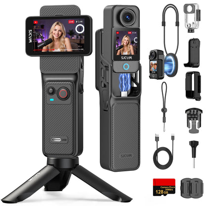 SJCAM C400 4K Travel Vlogging Camera with 128GB Card,7H Recording Body Camera for YouTube Creators,6-Axis Stabilizer & 2.29'' Touch Screen,30M Underwater,Black,Camara para grabar contenido