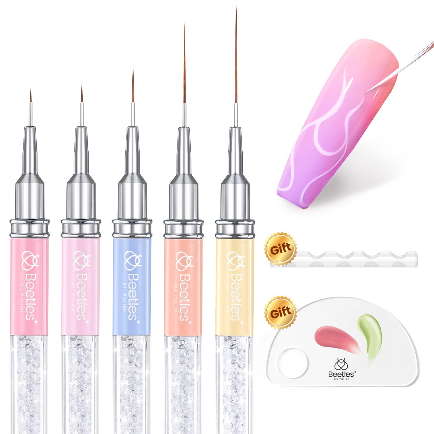 Beetles Nail Art Brushes 8pcs – Crystal Nail Art Tools 5pcs Double-headed Nails Dotting Tool, 3pcs Striping Liner Brushes for Nails with Pearls Bowknot Stickers, DIY Home Salon Manicure Design Tools