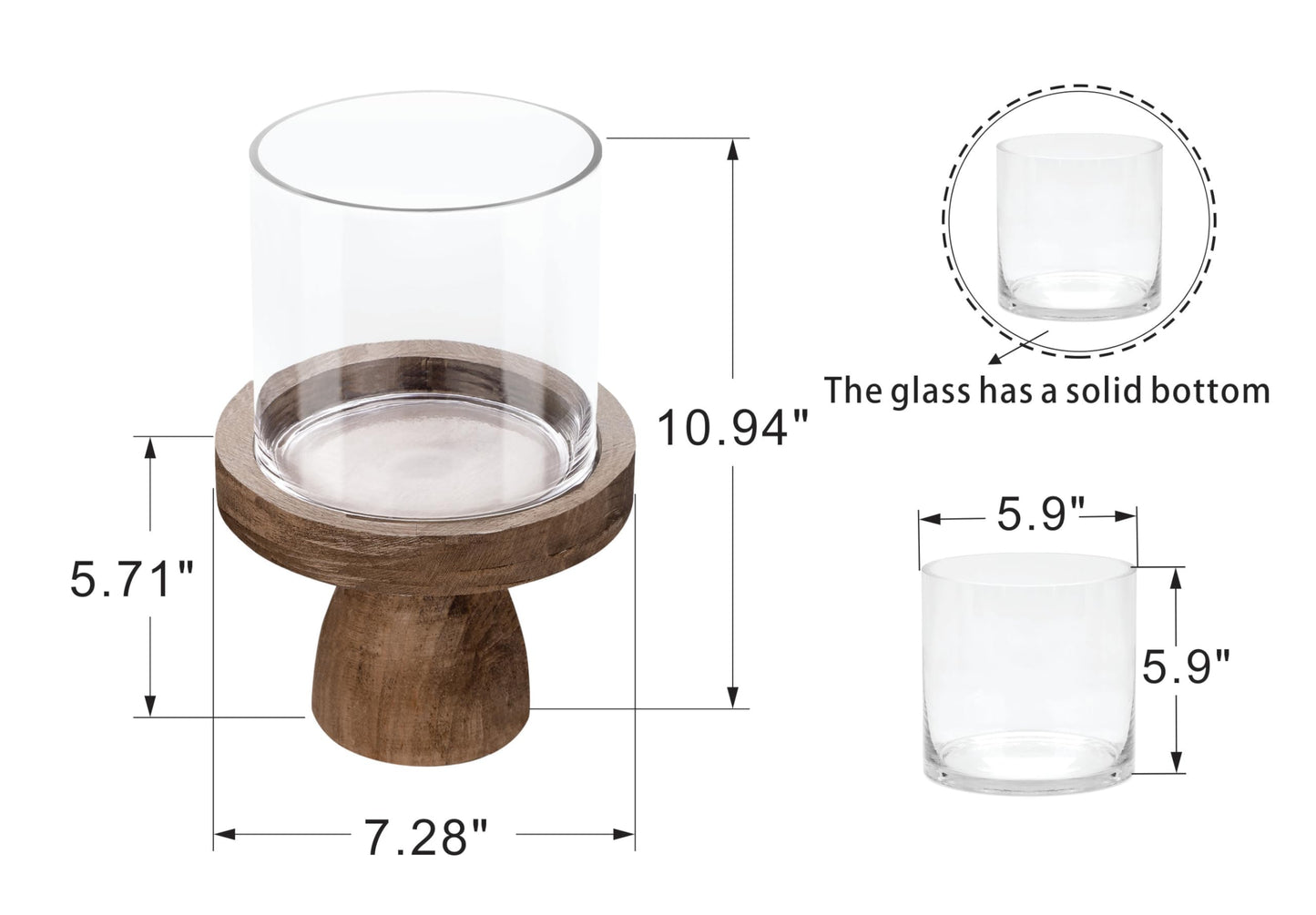 7" Wide Farmhouse Glass Hurricane Candle Holder & Glass Vase with Vintage Natural Sturdy Solid Wooden Base for Pillar & Flower Arrangement, Terrarium, Centerpiece, Console Table, Dining Table, Mantel