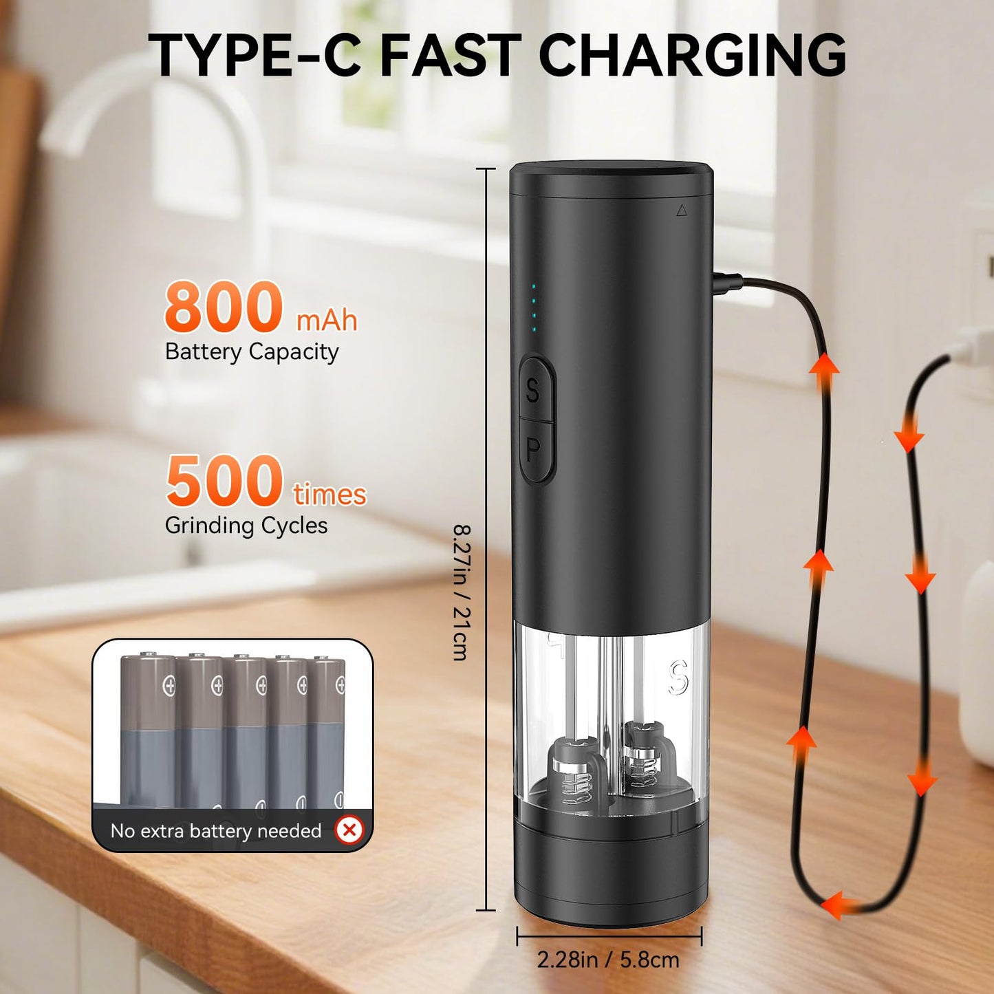 Electric Salt and Pepper Grinder Set 2 in 1, USB Rechargeable, Automatic Salt and Pepper Mill Shakers with LED Light, Battery Display, Adjustable Coarseness, Ideal for Kitchen Outdoor BBQ Gift