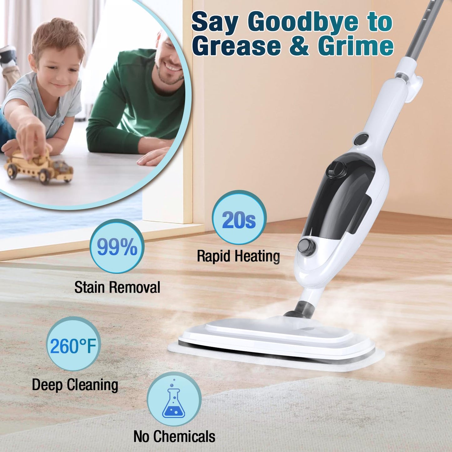 Steam Mop - 11-in-1 Steam Cleaner for Home with 15.2 OZ Water Tank & 23FT Power Cord, Detachable Steam Mops for Floor Cleaning MultiPurpose Steamer for Hardwood, Tile, Furniture with 11 Accessories