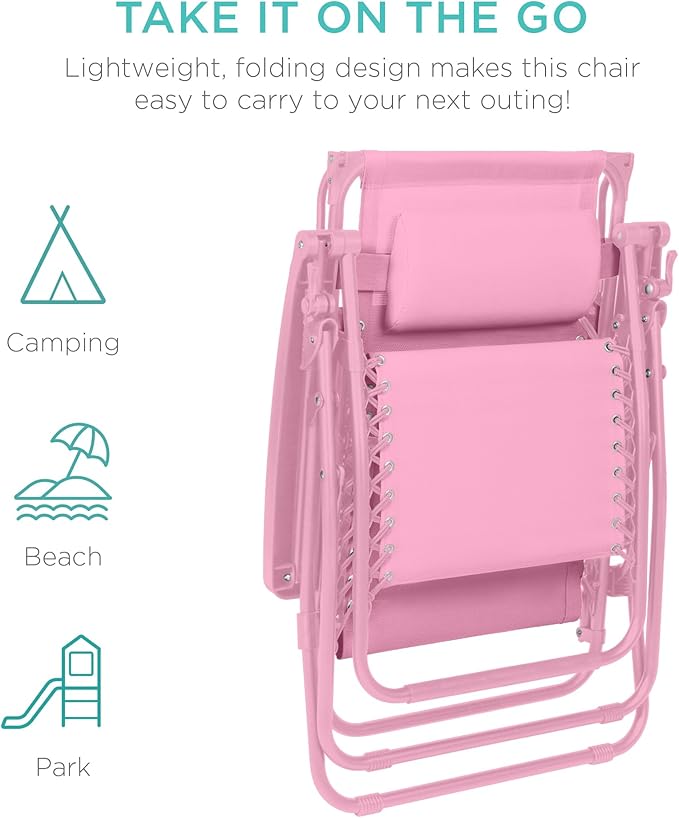 Best Choice Products Folding Zero Gravity Outdoor Recliner Patio Lounge Chair w/Adjustable Canopy Shade, Headrest, Side Accessory Tray, Textilene Mesh - Carnation
