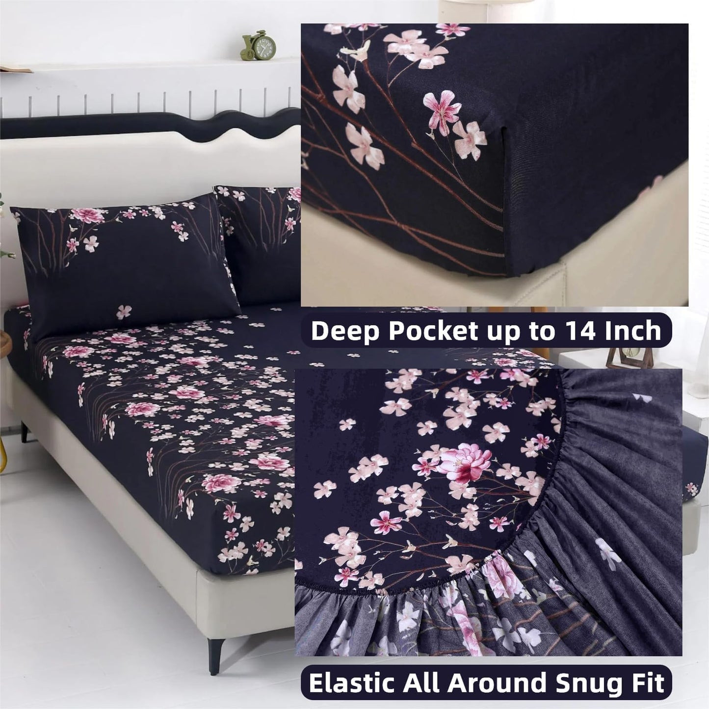 SDIII Navy Blue Floral Fitted Sheet Twin with 2 Pillowcase, Deep Pocket Soft Microfiber Dark Floral Twin Sheet All Season