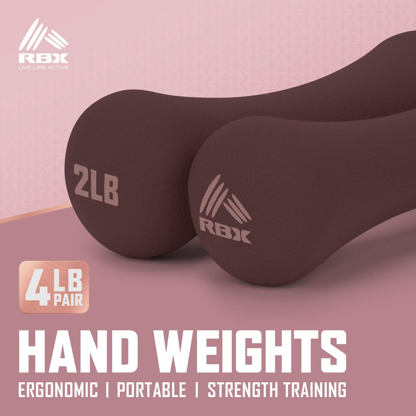 RBX Hand Weights, Neoprene Hand Weights for Home Workouts, Cardio & Strength Training, Home Gym Equipment (Brown, 4LB (2lb each))