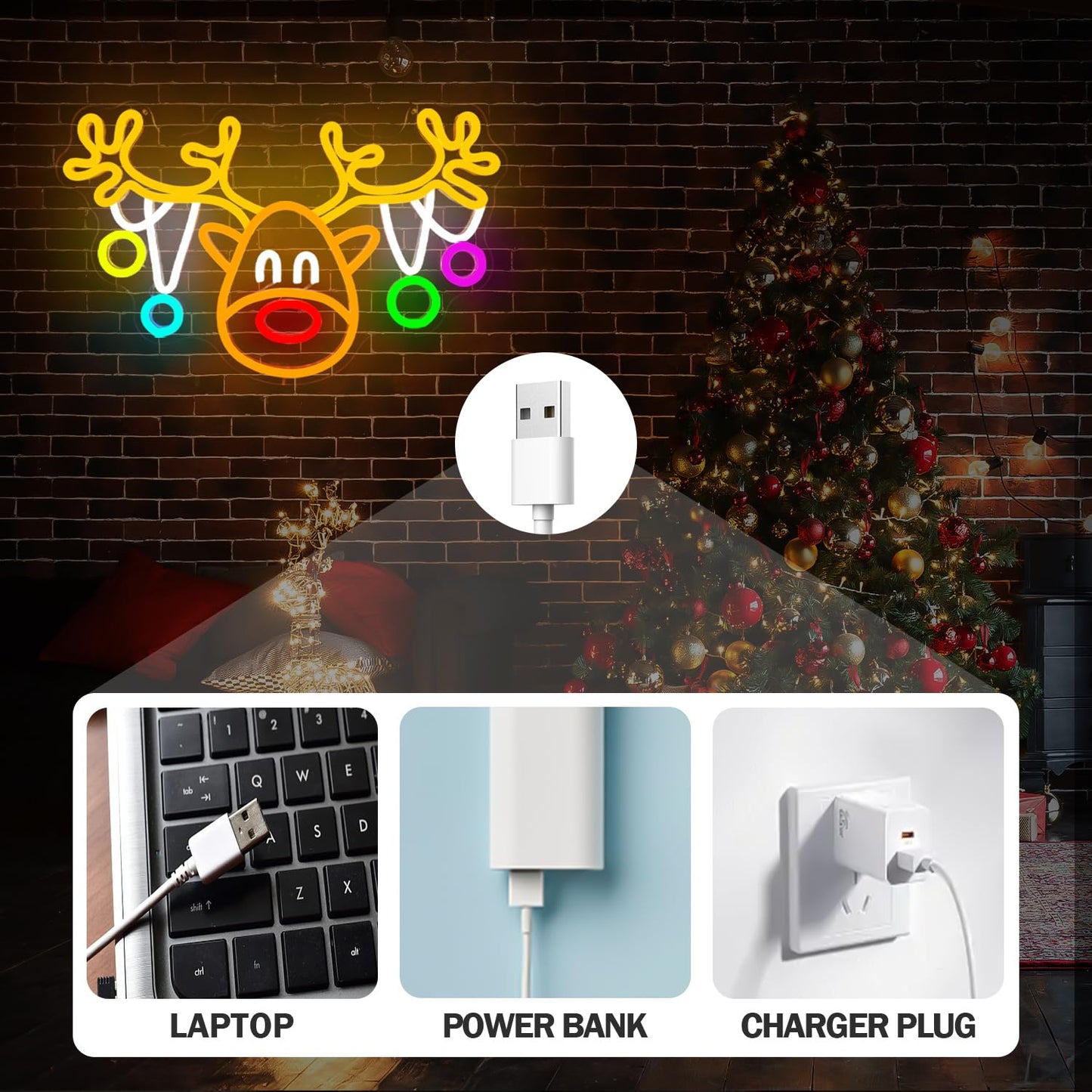 Christmas Reindeer Neon Sign Dimmable Elk Neon Light Sign for Wall Decor Christmas Neon Window Lights, Deer Neon Sign for Bedroom Living Room LED Reindeer Christ-mas Party Decoration