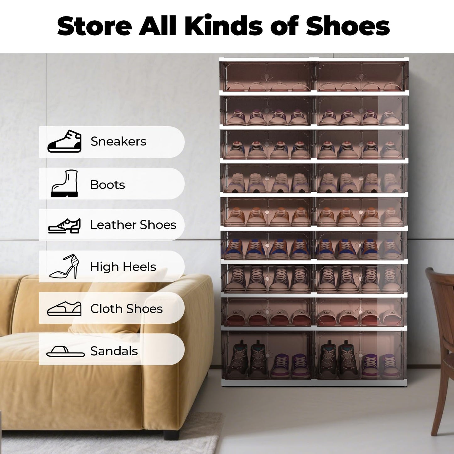FAHKNS 9 Tier 18 Pairs Foldable Shoe Rack with Wheels, Portable Plastic Shoe Storage Cabinet with Clear Magnetic Doors Space Saving No Assembly for Entryway, Living Room, Closet