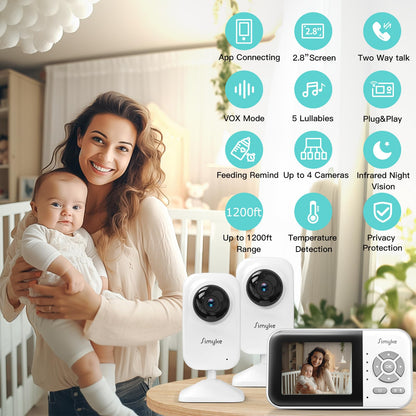 Simyke Upgrade Video Baby Monitor with 2 Cameras and Audio 2.8" Screen, Night Vision, APP, 2 Way Talk, 1200ft Long Range, Feeding Clock, Temperature Detection, Portable Wireless Baby Cam Home Use