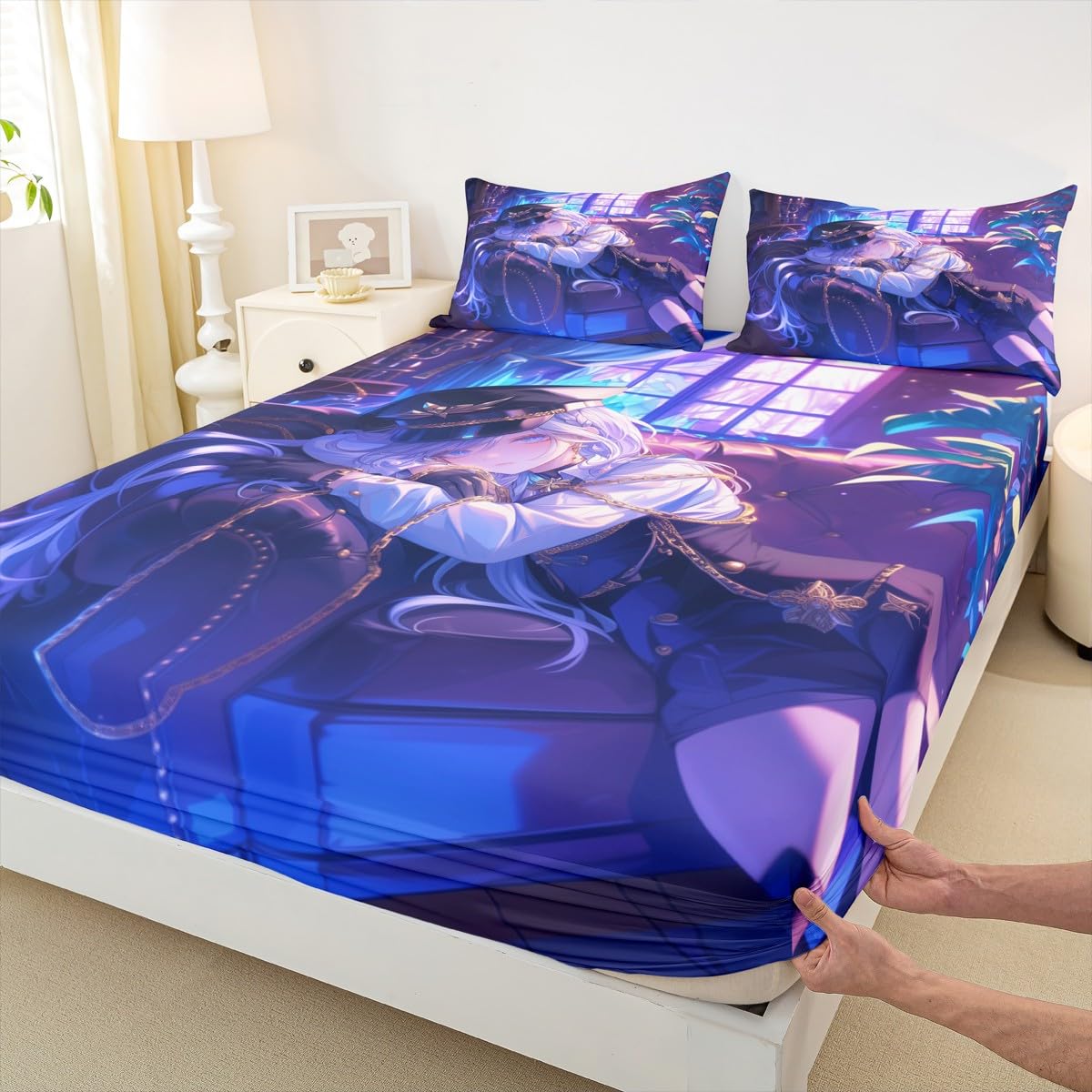 Erosebridal Anime Girl Fitted Sheet Full Size Japanese Anime Bed Sheets for Kids Boys Teens Women Bedroom Decor, Cartoon Girl Bedding Set Japanese Animation Kawaii Sheets, Purple
