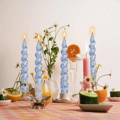 Spiral Taper Candles, 7.5 Inch Blue Floral Printed Twisted Candlesticks, Smokeless Handmade Short Candles for Wedding Dinner Home Party Decor, 4 Pack