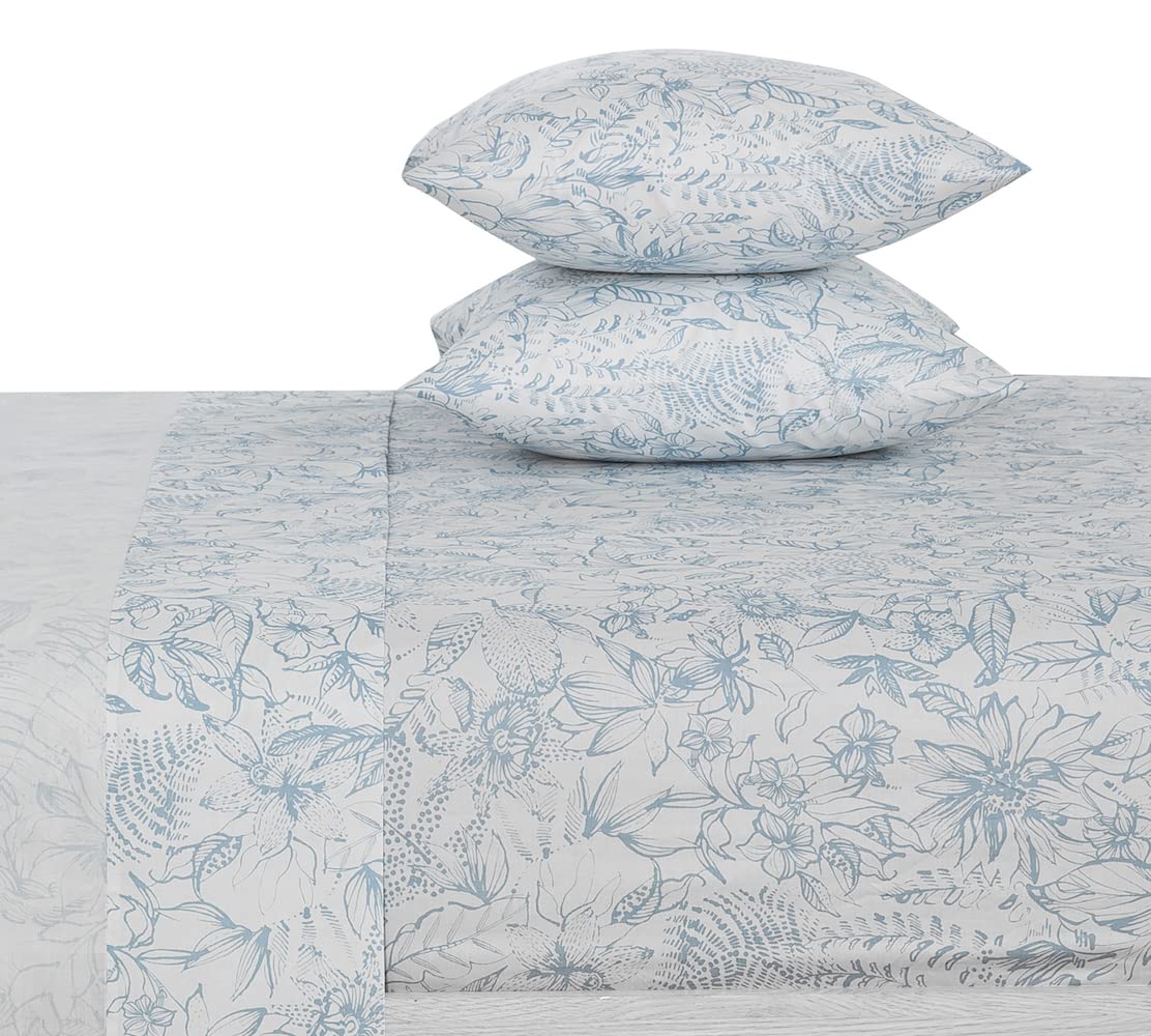 DAUAOTO Cotton Sheets Set Queen Size 4 Pieces Flower Bedding Sets, Aqua Blue Floral Pattern, Up to 14" Deep